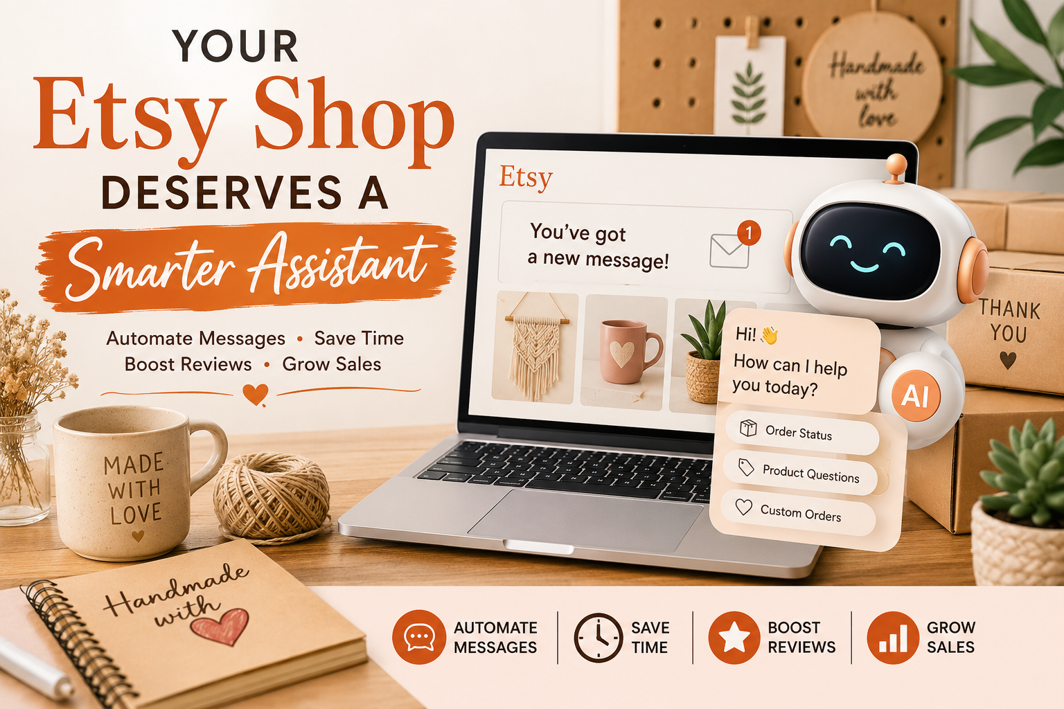 AI chatbot helping an Etsy seller manage shop listings, customer messages, and order tracking on a laptop screen