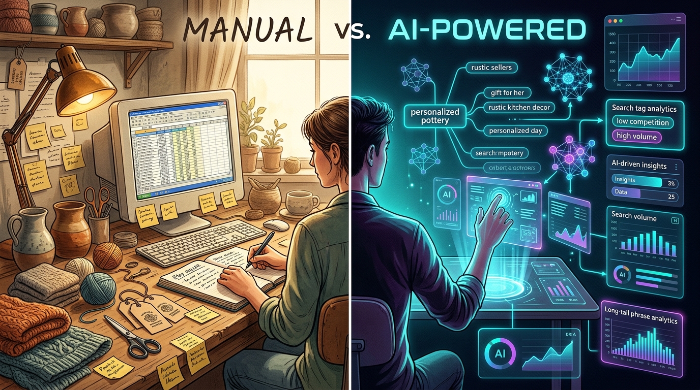 AI vs. Manual Keyword Research: Which Finds Better Etsy Long-Tail Phrases?